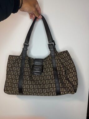 Fendi Brown Monogram Canvas Shoulder Bag with Black Leather Trim
